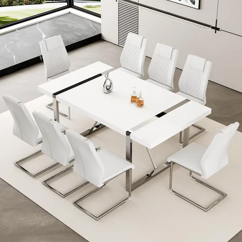 Vista 40 de Juego de mesa de comedor moderna de 55 pulgadas para 4, mesa de comedor negra y marco de metal dorado, mesa de comedor rectangular con 4 sillas