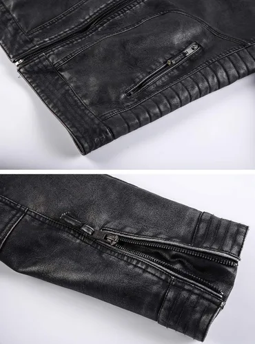 Vista 6 de MANSDOUR Chaqueta de piel sintética para hombre, color negro cálido, chaqueta bomber para motocicleta con capucha extraíble