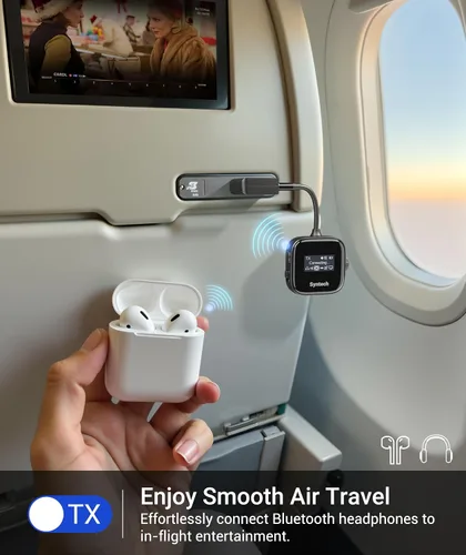 Vista 9 de Syntech Transmisor Bluetooth de avión 5.4 para 2 auriculares, pantalla HD Negro