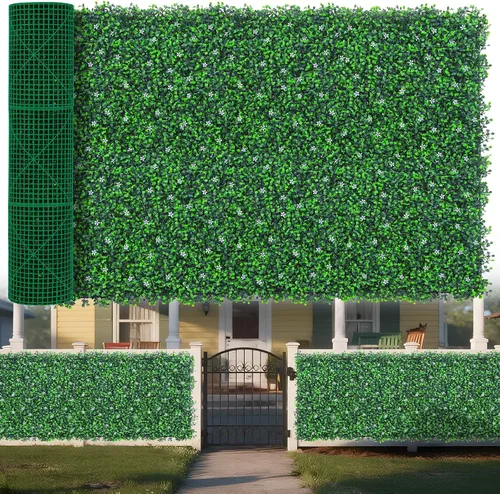 Vista 8 de Yangrass Rollo de Paneles de Pared de Césped, 40"x120" (33.33 pies cuadrados) Hiedra Artificial con Flor Blanca, Paneles Verdes de Pared de Césped