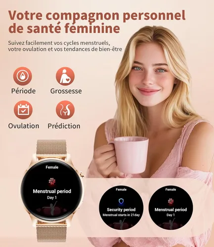 Vista 4 de SUNKTA Reloj inteligente para mujer, 0.311 in, ultrafino, 1.32 pulgadas, AMOLED, Bluetooth, llamada, rosa, elegante, para Android iOS, frecuencia