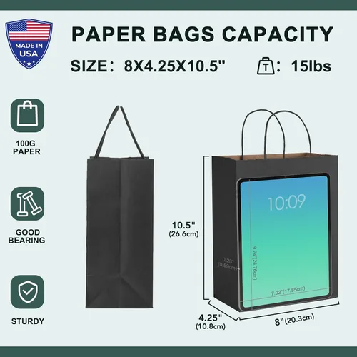 Vista 2 de METRONIC Bolsas de regalo de papel negro de 8 x 4.25 x 10.5 pulgadas, paquete de 100 bolsas de compras medianas de papel kraft con asas