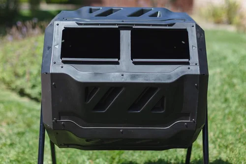 Vista 8 de MaxWorks Vaso de compostaje de doble cámara, compostador giratorio para exteriores con ventilación de aireación, tambor de polipropileno resistente