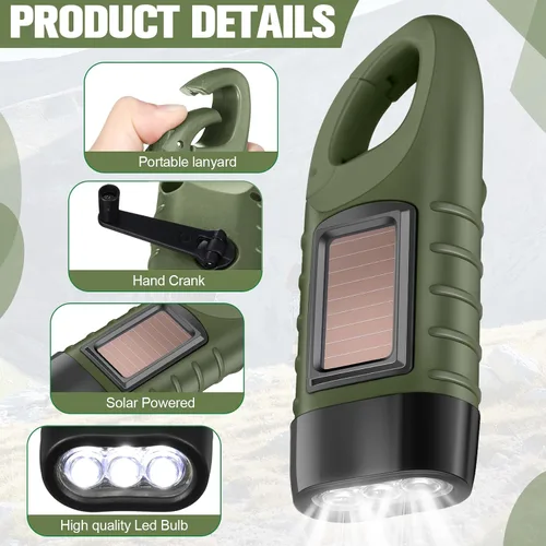 Vista 3 de Leelosp - Linterna solar de emergencia con manivela, 2 unidades, color verde militar Rechargeable Dynamo Flashlight, Wind up for Outdoor Hiking