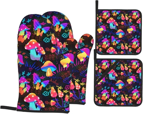 Vista 14 de Juego de 4 guantes de horno y soportes para ollas florales de los años 70, resistentes al calor, para cocina, hornear, asar a la parrilla, barbacoa