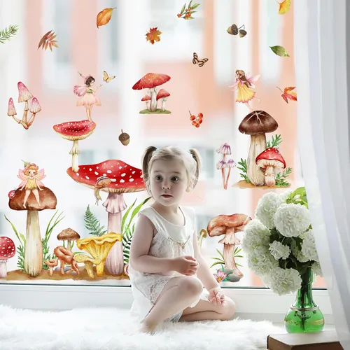 Vista 7 de Amaonm - Calcomanías de pared 3D removibles de dibujos animados coloridos de hongos elfos de princesa en ángulo murales para decoración
