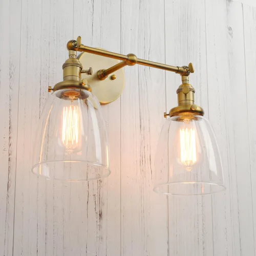 Vista 3 de PERMO Aplique doble vintage industrial antiguo 2 luces apliques de pared con cono ovalado pantalla de vidrio transparente (antiguo)