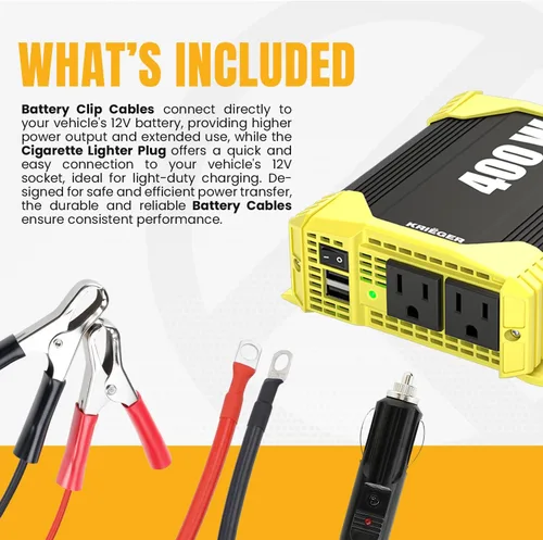 Vista 7 de K KRIËGER - Inversor de corriente de 400 vatios, 12V CC a 110V CA para vehículos, con 2 salidas, puertos USB, enchufe para encendedor de cigarrillos