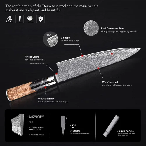 Vista 4 de ZZYY - Juego de cuchillos de cocina de acero de damasco, 9 piezas, cuchillo de chef japonés, cuchillo de cocina para pelar, mango de madera