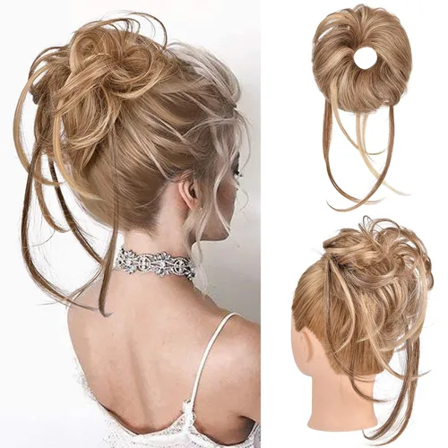 Vista 24 de HOOJIH Pieza de pelo desordenado de moño – Extensiones superlargas despeinadas, cola de caballo ondulada con banda elástica para mujeres y niñas