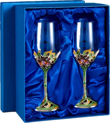 Vista 11 de Copas de vino transparentes hechas a mano, copas de vino tinto, juego de 2 Copas florales esmaltadas en azul, diseño artesanal, juego de 2