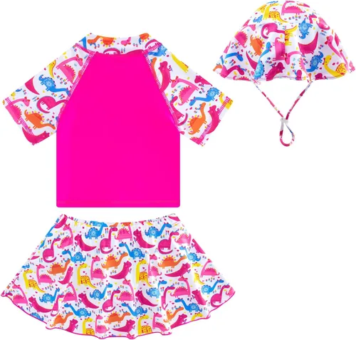Vista 2 de Traje de baño de manga corta para niña, conjunto de 3 piezas, con sombrero UPF50+ protección solar