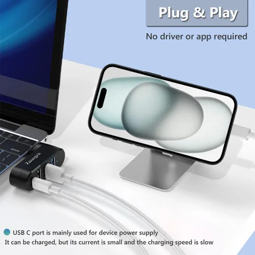 Vista 4 de Actualización: 4 puertos USB 3.0 Hub (90°/180° grados giratorio), Hub giratorio USB multipuerto con puerto USB C de alimentación/datos, extensor USB