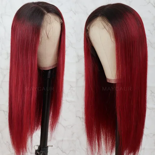 Vista 2 de Maycaur Peluca de cabello humano rojo degradado con encaje frontal, sedoso y liso #1b/rojo con encaje completo, pelucas de cabello humano
