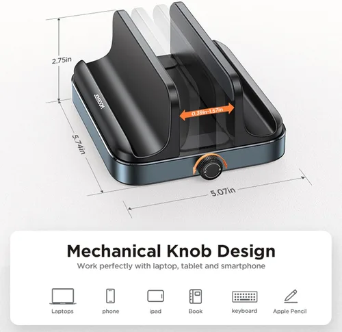 Vista 3 de Soporte vertical para laptop, 3 ranuras para ahorrar espacio, soporte de escritorio de aluminio con base ajustable compatible con MacBook Surface