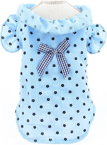 Vista 5 de SMALLLEE_LUCKY_STORE Camiseta de algodón con volantes y mangas con lazo para mascotas, camiseta de algodón para perros pequeños, medianos, gatos Azul