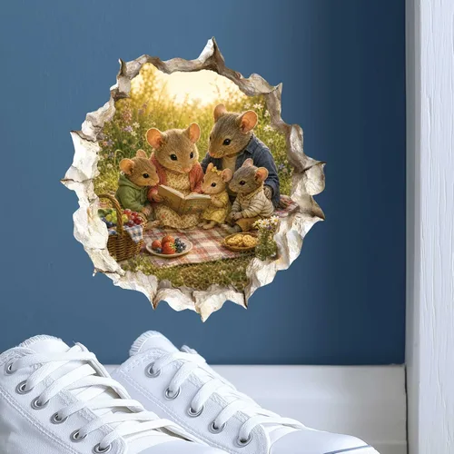Vista 7 de Adhesivo de pared 3D con diseño de familia de ratón con agujero de ratón