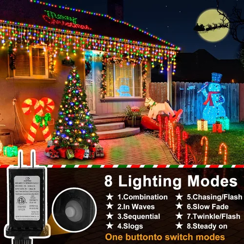 Vista 2 de Luces de Navidad para exteriores, 49 pies, 480 luces LED para exteriores, 90 tiras de luces de carámbano con 8 modos, temporizador impermeable
