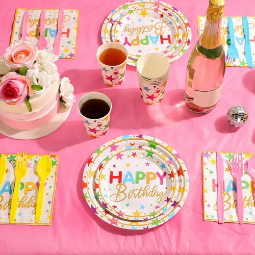 Vista 3 de Meanplan - Juego de 168 platos de feliz cumpleaños y servilletas para 24 invitados