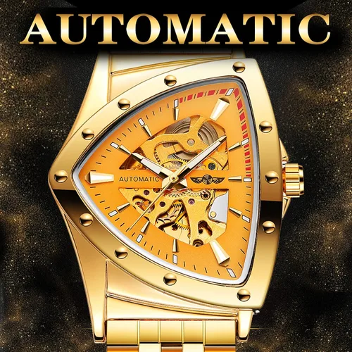 Vista 4 de FORSINING Reloj mecánico automático de esqueleto triangular para hombre, de lujo, dorado, negro, acero inoxidable, impermeable, luminoso, deportivo