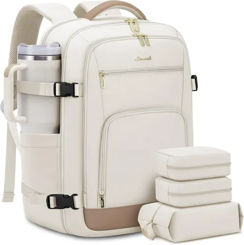 Vista 32 de LOVEVOOK Mochila de viaje para mujer y hombre, Beige, Mochilas de viaje