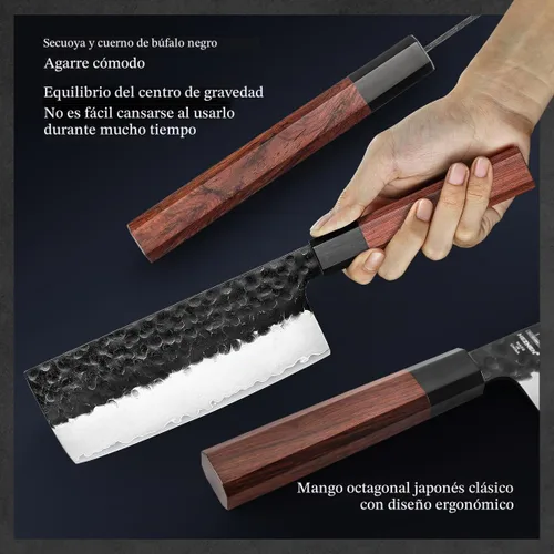 Vista 4 de Juego de cuchillos de cocina 4 piezas, cuchillo de chef de acero revestido Nakiri forjado Santoku, mango octogonal de madera
