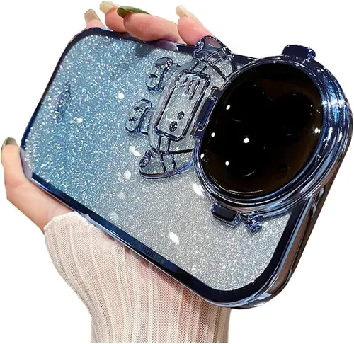 Vista 15 de Funda de teléfono con soporte oculto de astronauta para iPhone 11, bonito protector de cámara de lente de astronauta, soporte con purpurina
