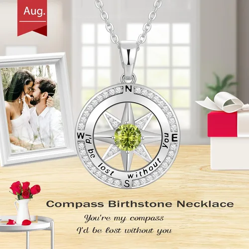 Vista 9 de Peeshow Collar para mujer, brújula, piedra natal, joyería de cumpleaños, aniversario, ideas para su novia, regalo romántico de amor en Navidad, día
