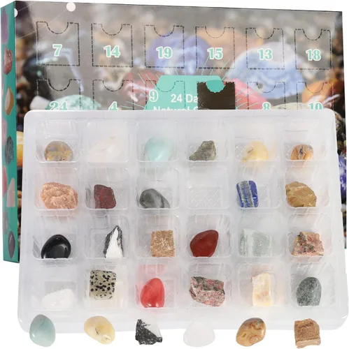 Vista 8 de Calendario de Adviento de 24 días, calendario de Adviento con piedras preciosas de cristal natural, minerales y fósiles, calendario de Adviento