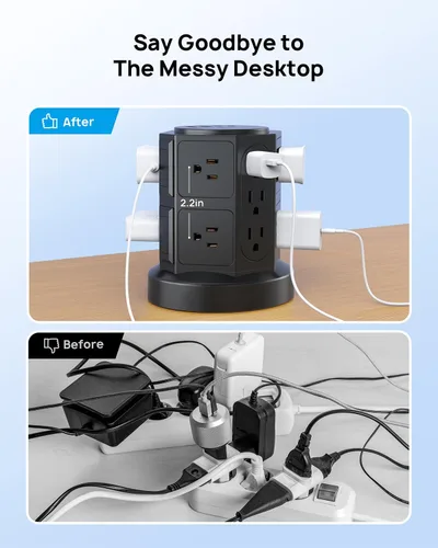 Vista 6 de TROND Tira de alimentación con protector de sobretensiones de torre y USB, 14 tomas ampliamente espaciadas, 2 USB C y 2 USB-A, protección contra