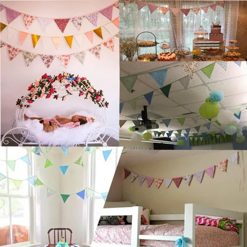 Vista 6 de Banderín triangular de 32 pies, 36 banderas de tela de algodón, guirnaldas para fiestas de cumpleaños, bodas, baby shower, decoración al aire libre
