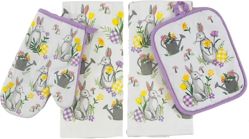 Vista 10 de Serafina Home Easter Kitchen Towel Set with Pot Holders, Spring Colored Eggs Design, 100% Cotton, White Orange Green, 5 Piece Set