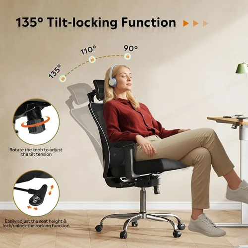 Vista 7 de DEVAISE - Silla ergonómica de malla para oficina con reposacabezas 3D ajustable y función de inclinación, silla grande y alta reclinable y cómoda
