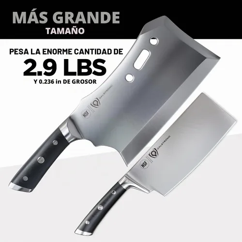 Vista 6 de Cuchillo Dalstrong Obliterator para carne y verduras - 9 pulgadas - Serie Gladiator R - Soporte de madera y funda protectora - Cortador de huesos
