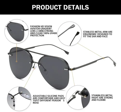 Vista 2 de Gafas de sol retro sin montura para mujer, estilo aviador, gafas de sol clásicas de gran