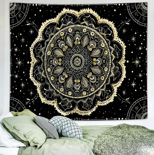 Vista 2 de Delur Tapiz de mandala negro y dorado, astrología, espacio, hippie bohemio, medallón floral, tapiz para colgar en la pared, estético, cabecero