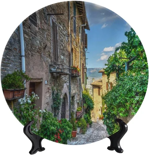 Vista 85 de Plato decorativo colgante de cerámica con temática de paisaje, plato decorativo redondo de plantas en maceta, con soporte decorativo, para sala