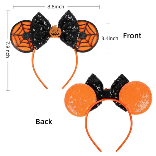 Vista 6 de Diademas de orejas de ratón de Halloween para mujer, decoración de lazo para el pelo con calabaza y telaraña, diadema de lentejuelas, fiesta