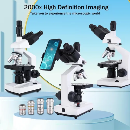 Vista 6 de Microscopio trinocular, aumento 40X-5000X, microscopio profesional de grado de investigación con cámara USB y escenario mecánico, microscopio