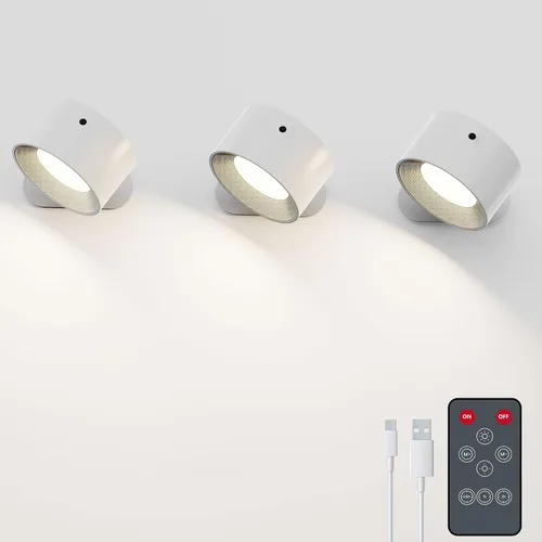 Vista 13 de Deyagoo 2PACK Lámpara de pared LED con control remoto - Lámpara de pared recargable, 3 colores y 3 niveles de brillo, cabezal giratorio magnético