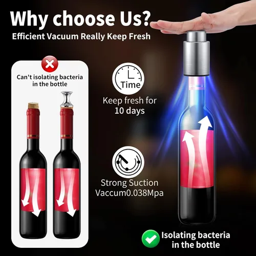 Vista 2 de Tapones para botellas de vino, tapón de vino al vacío 2 en 1, ahorradores de vino de acero inoxidable, conservador de vino reutilizable, tapones