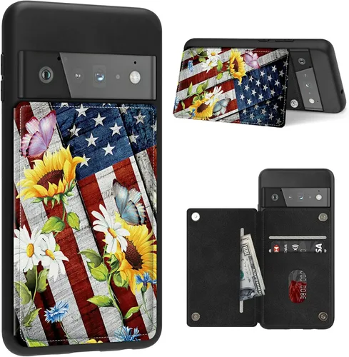 Vista 27 de Funda para Google Pixel 6 Pro con ranura para tarjetero, funda de piel sintética, doble cierre magnético y cubierta duradera de poliuretano girasol
