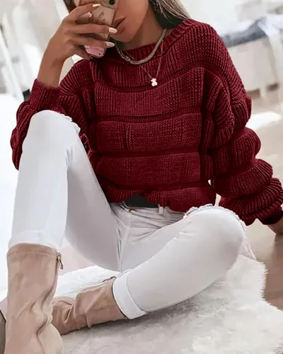 Vista 5 de PRETTYGARDEN Suéteres de otoño 2024 para mujer, estilo casual, cuello redondo, manga larga, holgados, lisos, de punto grueso, linda blusa