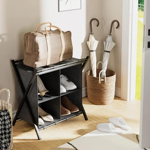 Vista 9 de Huhote Portaequipajes para habitación de invitados, soporte plegable para maleta con estante de almacenamiento de tela, soporte para equipaje
