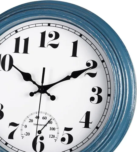 Vista 2 de JENLYSTIME Reloj de pared retro impermeable de 12 pulgadas para interior/exterior con termómetro, silencioso, redondo, de cuarzo, funciona con 40