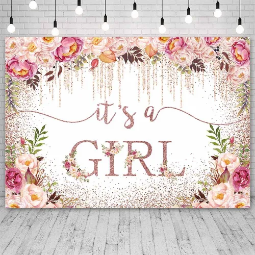Vista 7 de Sendy Telón de fondo de baby shower de oro rosa de 7 x 5 pies para niñas, con texto en inglés "It's a Girl", fondo de fotografía para baby shower