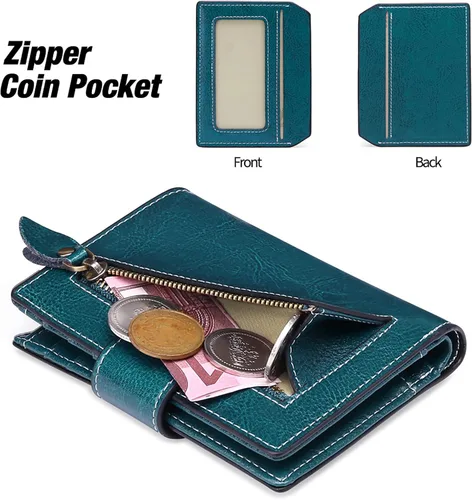 Vista 5 de FALAN MULE - Cartera de cuero auténtico para mujer pequeña plegable compacta con interferencia de radiofrecuencia RFID