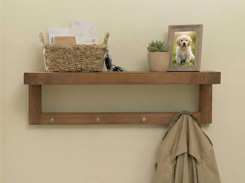Vista 6 de AquaTeak La estantería plana de pared original de teca Moa de 24" con ganchos