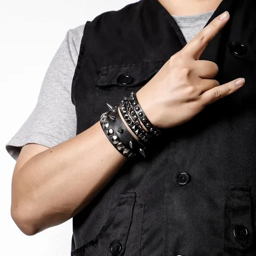 Vista 2 de MILAKOO 3 unids hombres tachonado brazalete remaches pulsera cuero remaches pulsera