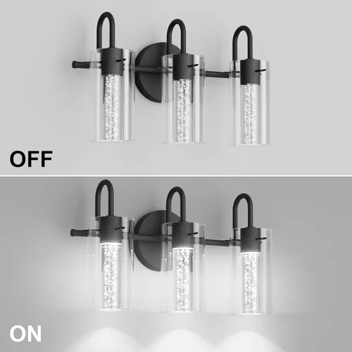 Vista 6 de Aipsun Lámparas de baño, luces negras de tocador con cristal de burbujas, 3 luces LED modernas, accesorios de iluminación de pared de baño sobre